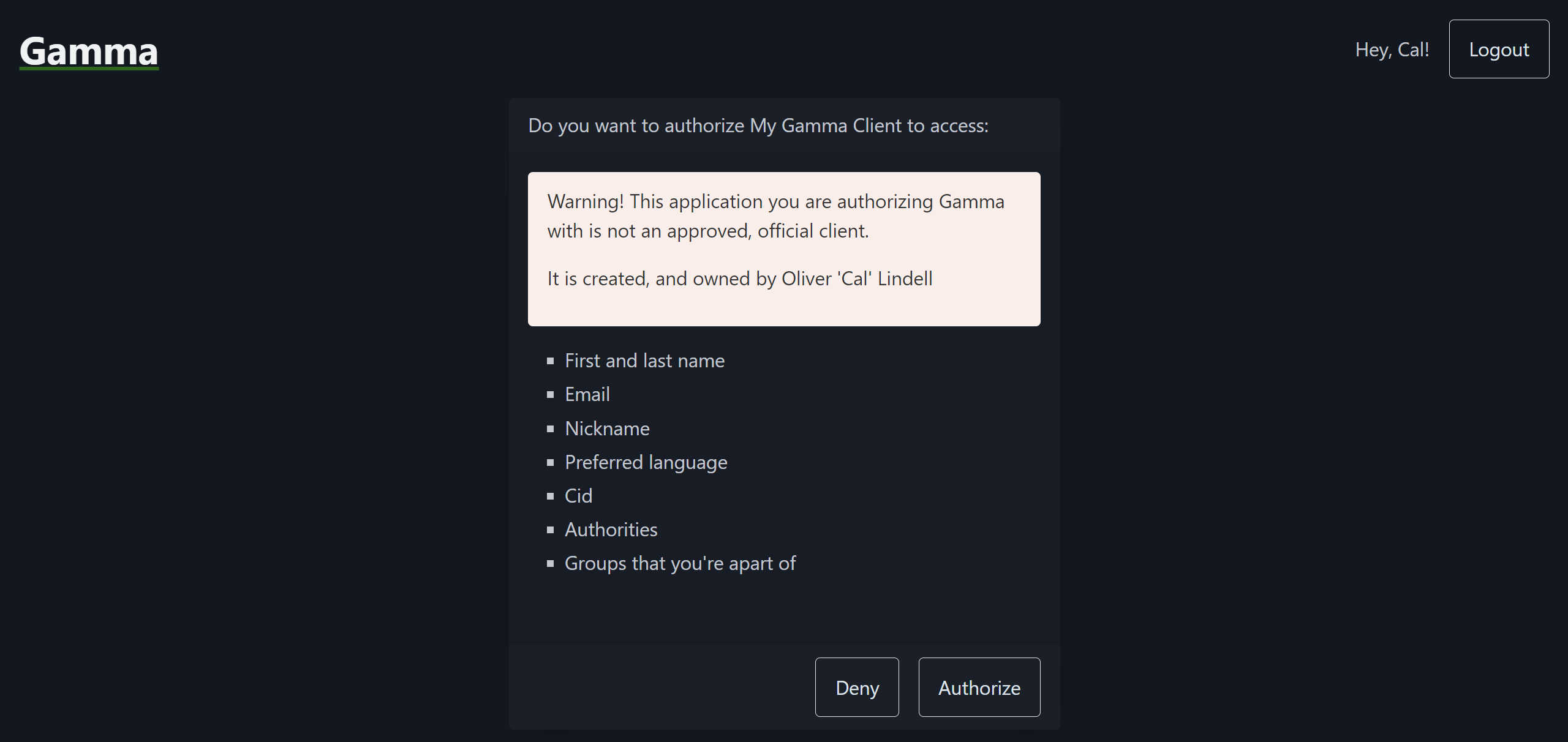 Screenshot of the authorization page