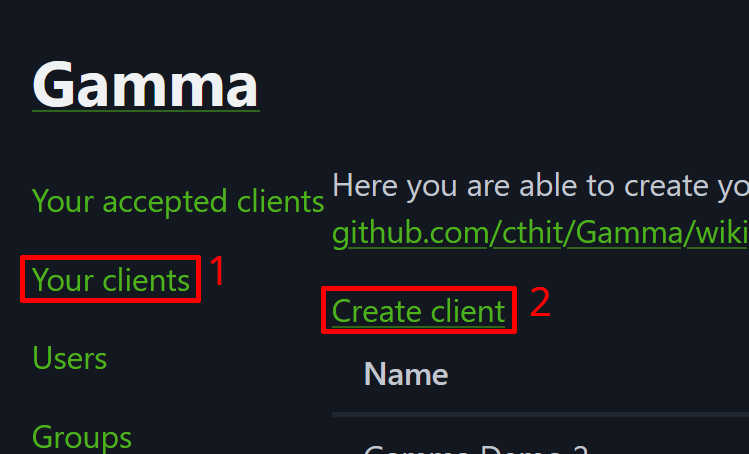 Navigation steps when creating a new Gamma client